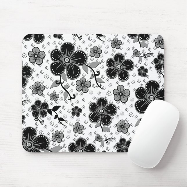 Tapis De Souris Impression florale noire et blanche (Avec souris)