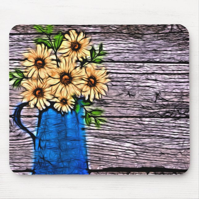 Tapis De Souris Impressionnisme rustique vase bleu tournesol jaune (Devant)
