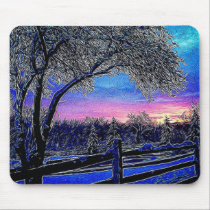 Tapis De Souris impressionnisme soleil paysage arbres d'hiver