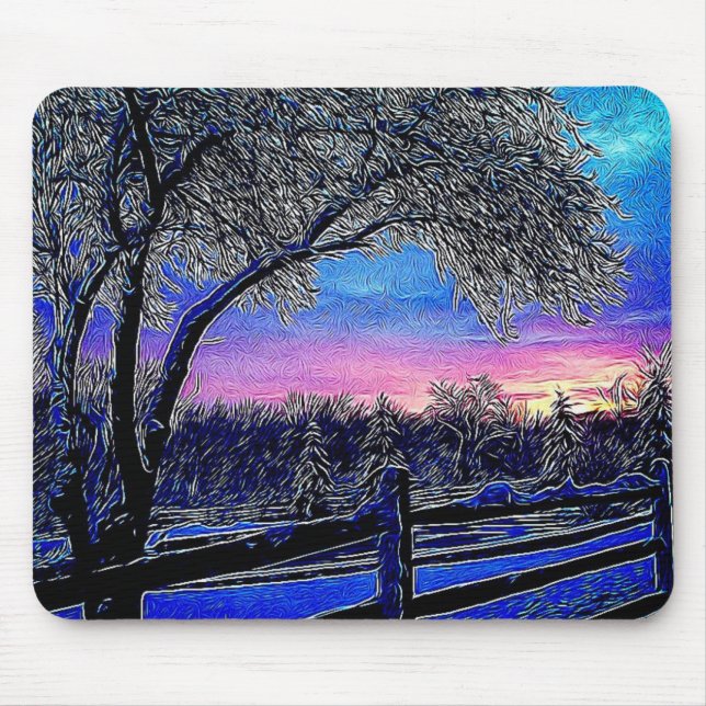 Tapis De Souris impressionnisme soleil paysage arbres d'hiver (Devant)