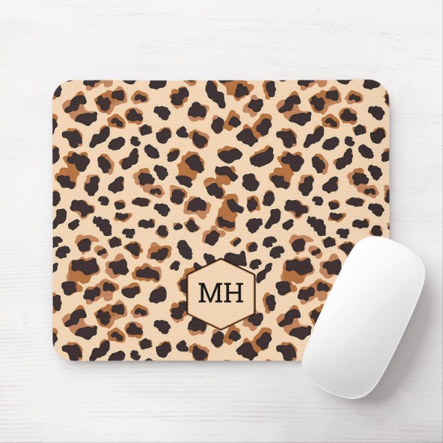 Tapis De Souris Imprimé animalier marron chic léopard monogramme (Avec souris)
