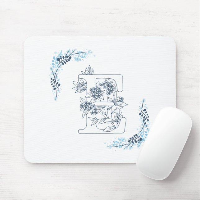 Tapis De Souris Initiale "E" Monogramme bleu Calme Floral (Avec souris)