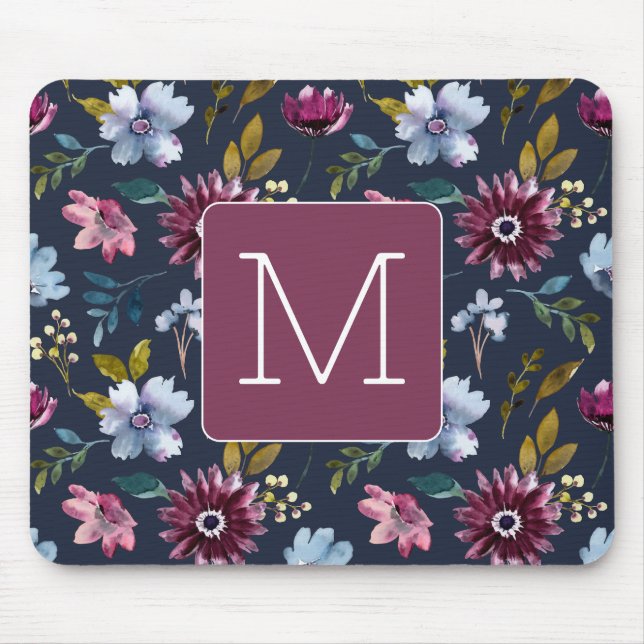 Tapis De Souris Initiale Elegant marine et bordeaux Floral feminin (Devant)