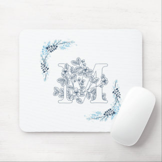 Tapis De Souris Initiale "M" Monogramme Bleu Calme Floral