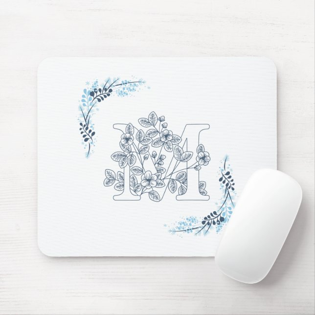 Tapis De Souris Initiale "M" Monogramme Bleu Calme Floral (Avec souris)