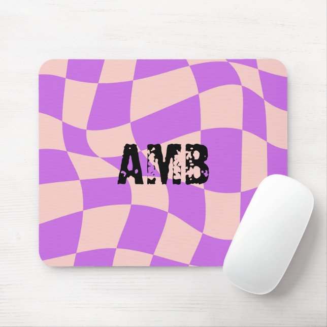 Tapis De Souris Initiale moderne à damiers rose violet cool (Avec souris)