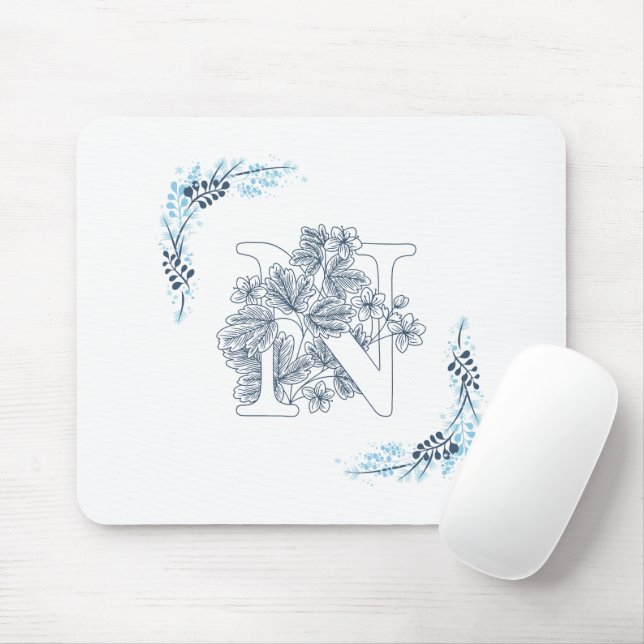 Tapis De Souris Initiale "N" Monogramme bleu Calme Floral (Avec souris)