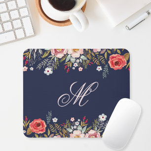 Tapis De Souris Initiale personnalisée florale bleu marine classiq
