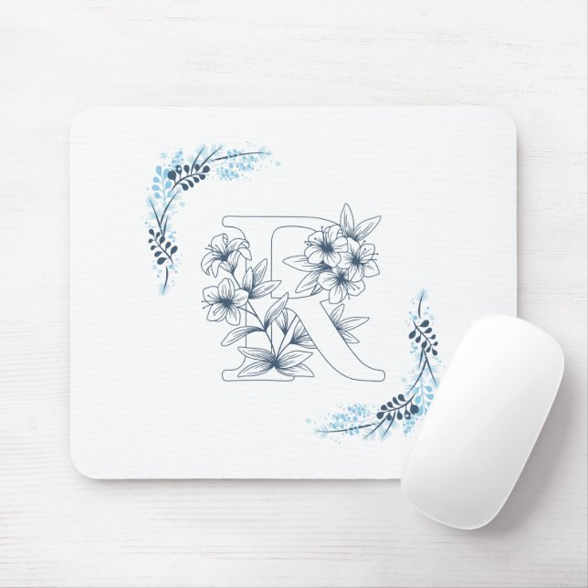 Tapis De Souris Initiale "R" Monogramme bleu Calme Floral (Avec souris)