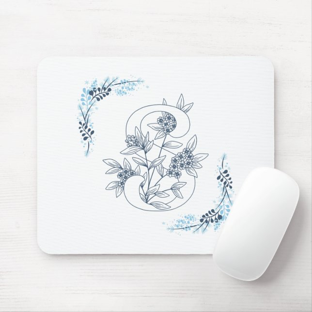 Tapis De Souris Initiale "S" Monogramme bleu Calme Floral (Avec souris)