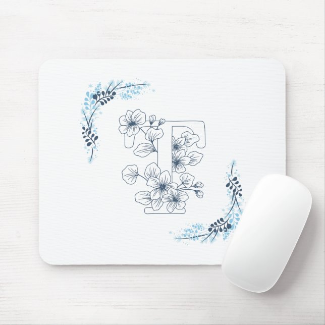 Tapis De Souris Initiale "T" Monogramme bleu Calme Floral (Avec souris)