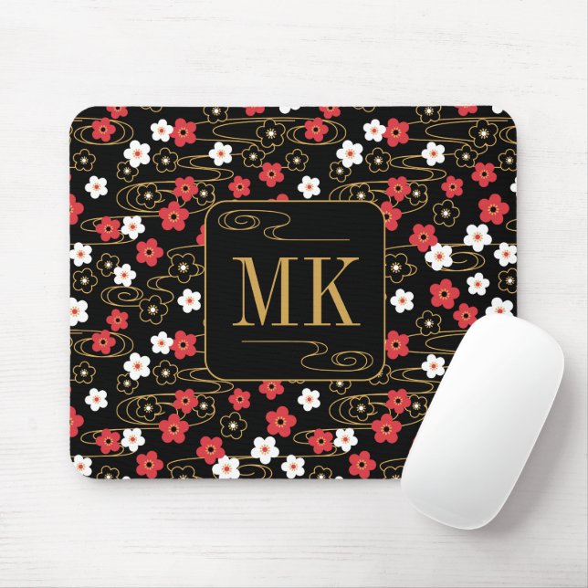 Tapis De Souris Initiales du monogramme noir Sakura en fleurs (Avec souris)