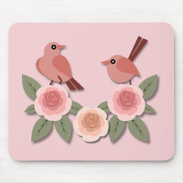 Tapis De Souris Inséparables roses mignons et Roses floraux (Devant)