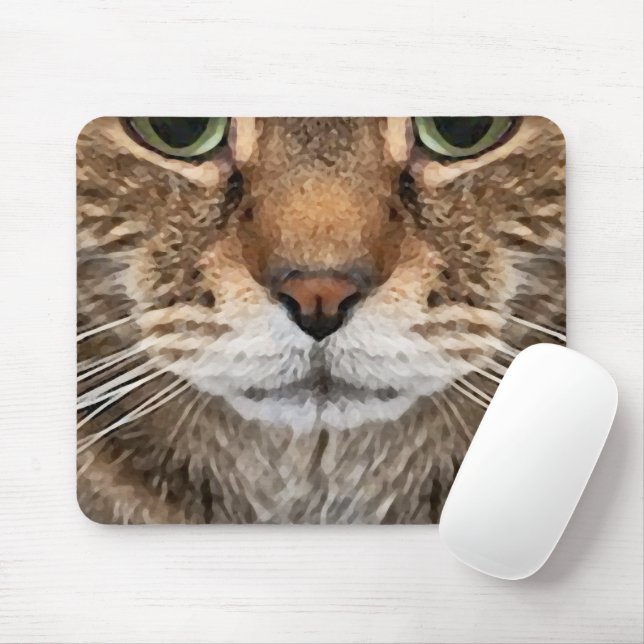 Tapis De Souris Intense Tabby Cat Puss Face - Green Eyes Phot (Avec souris)
