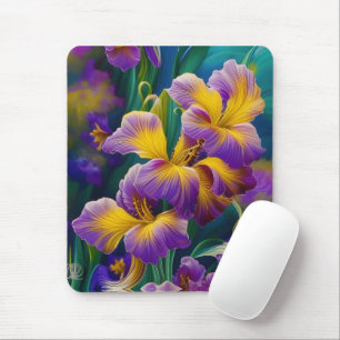 Tapis De Souris Iris Floral Violet et bleu or feuilles