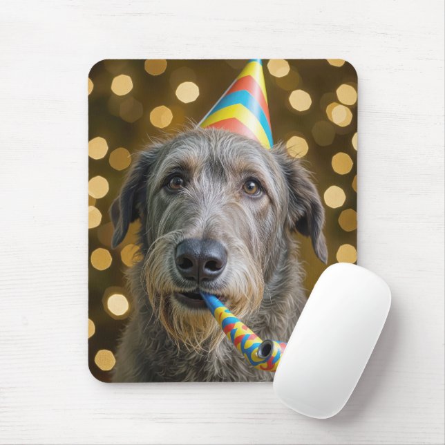 Tapis De Souris Irish Wolfhound pour son anniversaire avec chapeau (Avec souris)