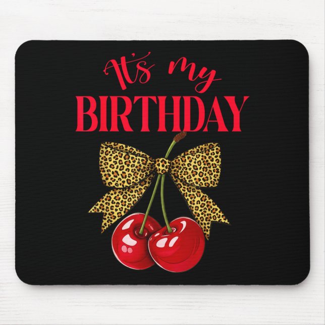 Tapis De Souris It's My Birthday Cute Cherry Leopard Coquette Bow  (Devant)