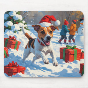 Tapis De Souris Jack Russell Courir en neige avec Casquette de Noë