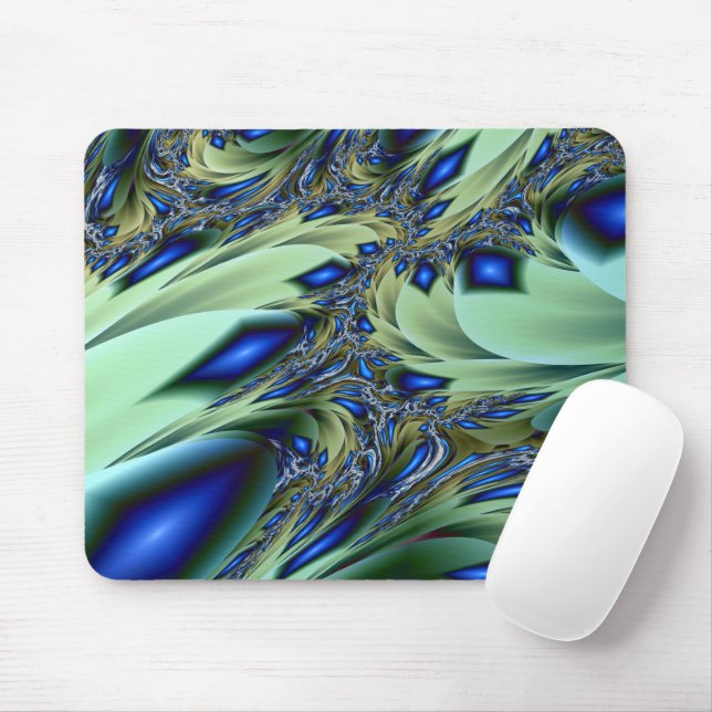 Tapis De Souris Jagged | Art fractal vert et bleu (Avec souris)