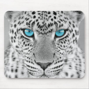 Tapis De Souris Jaguar noir et blanc avec des yeux bleus