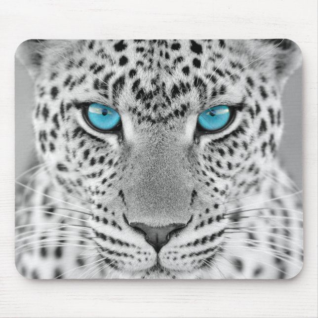 Tapis De Souris Jaguar noir et blanc avec des yeux bleus (Devant)