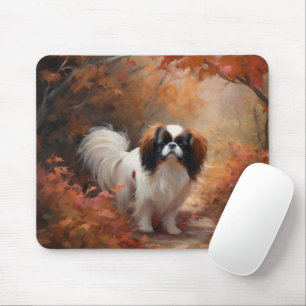 Tapis De Souris Japanese Chin dans les feuilles d'automne tombent