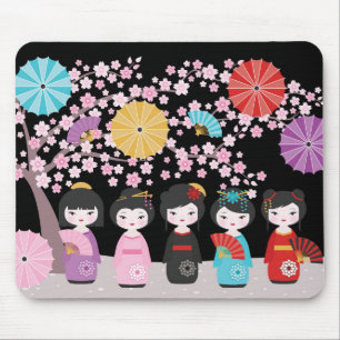 Tapis De Souris Japonais Kokeshi Dolls Noir