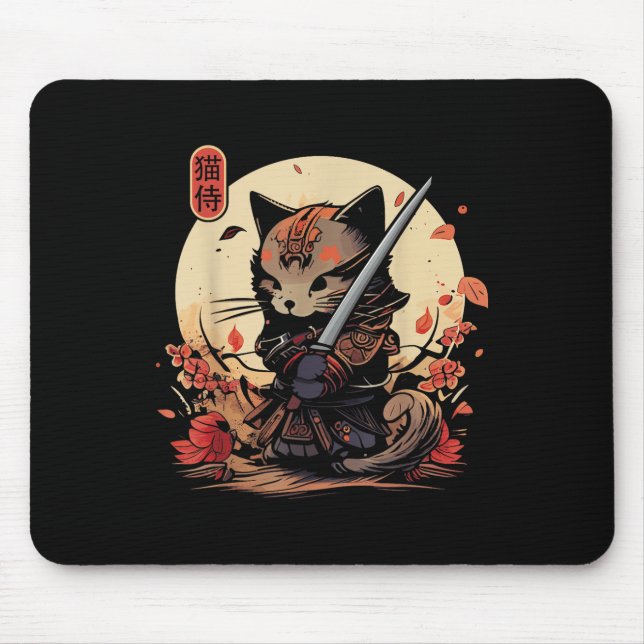 Tapis De Souris Japonais Samurai Chat Tattoo, Kawaii Ninja Chat _2 (Devant)