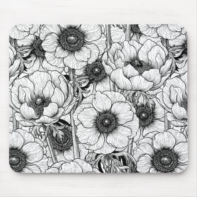 Tapis De Souris Jardin d'anémones en noir et blanc (Devant)