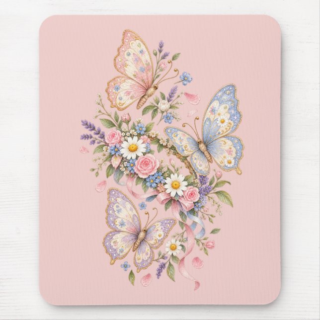 Tapis De Souris Jardin d'anniversaire papillon pastel (Devant)