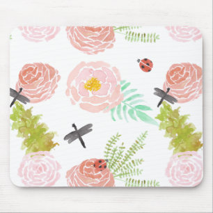 Tapis De Souris Jardin d'aquarelle de roses de libellules