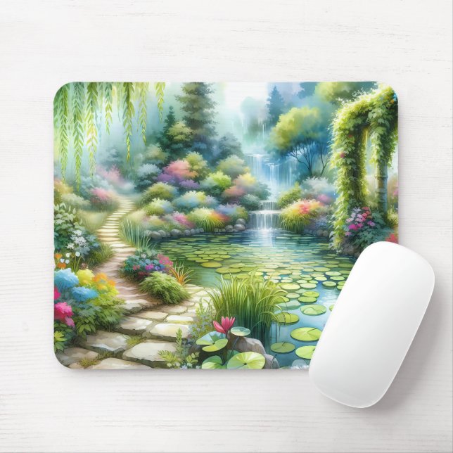 Tapis De Souris Jardin de cascade enchanté Étang de nénuphars (Avec souris)