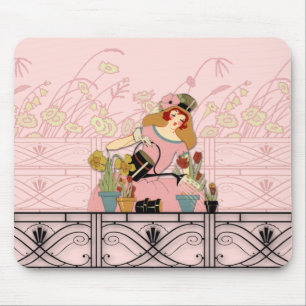TAPIS DE SOURIS JARDIN DE FENÊTRE, DAME D'ART DÉCO : ROSE COULEU