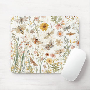 Tapis De Souris Jardin de fleurs sauvages papillons floraux botani