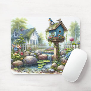 Tapis De Souris Jardin de maisonnette à l'aquarelle avec nichoir à
