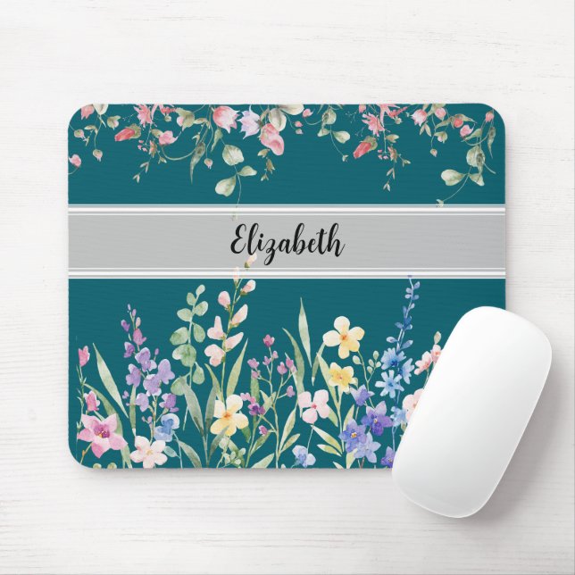 Tapis De Souris Jardin Floral Monogramme Script Turquoise foncé (Avec souris)