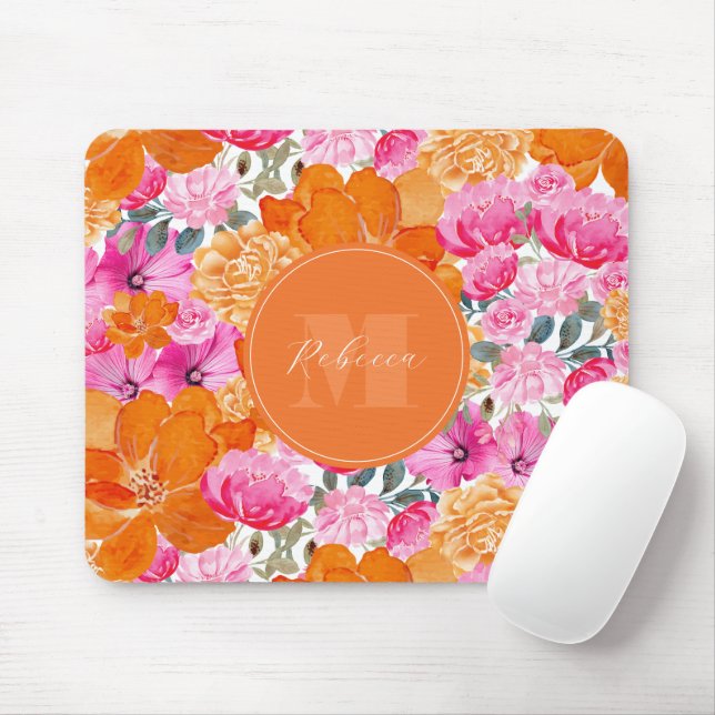 Tapis De Souris Jardin floral rose et orange vibre Nom personnalis (Avec souris)