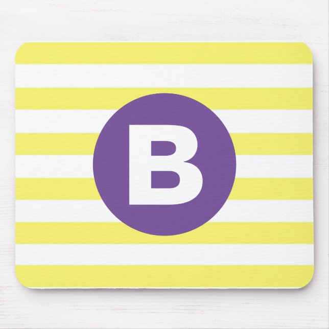 Tapis De Souris Jaune Ensoleillé Rayé Monogramme Violet (Devant)