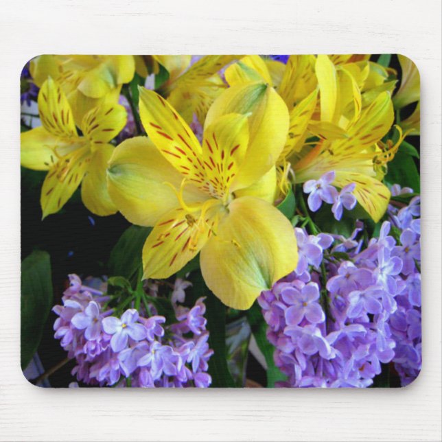 Tapis De Souris Jaune et Fleurs Lilac Violettes (Devant)