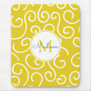 Tapis De Souris Jaune et Motif blanc avec Monogramme