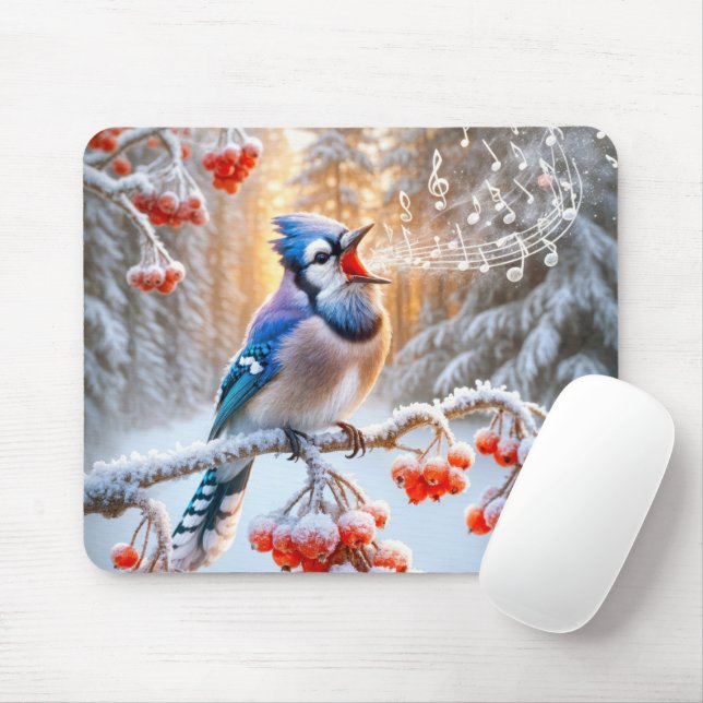 Tapis De Souris Jay Bleu D'Hiver Chantant Sur Berry Tree (Avec souris)