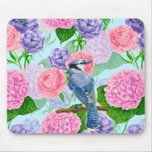 Tapis De Souris Jay bleu et fleurs motif aquarelle