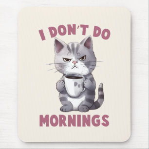 Tapis De Souris Je ne fais pas le matin - Chat gris avec café
