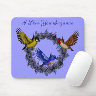 Tapis De Souris Je T'Aime Oiseaux Sur Flower Wreath Personnalisé