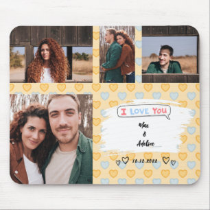Tapis De Souris Je vous aime Couple Photo Collage Coeurs Jaunes