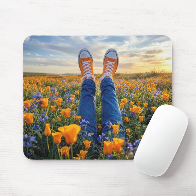 Tapis De Souris Jean en Denim et Baskets Orange dans des Fleurs (Avec souris)