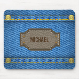 Tapis De Souris Jeans bleus de denim avec l'étiquette nommé en
