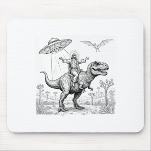 Tapis De Souris Jésus chevauchant un dinosaure T-rex Ufo chassant