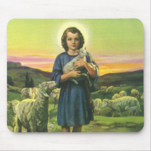 Tapis De Souris Jésus vintage Christ le berger avec l'agneau bébé