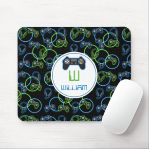 Tapis De Souris Jeu vidéo Neon Blue & Green Motif Monogramme